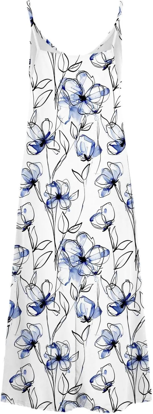 Womens Floral Maxi Dresses Spaghetti Strap Casual Summer Long Dress Vneck Flowy Boho Beach Sundress Vacation Outfits