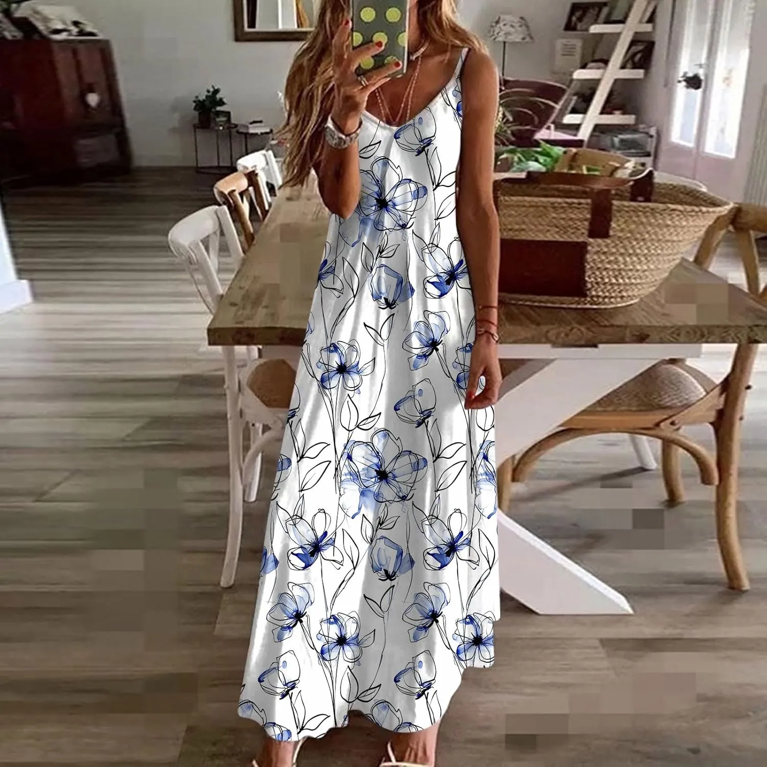 Womens Floral Maxi Dresses Spaghetti Strap Casual Summer Long Dress Vneck Flowy Boho Beach Sundress Vacation Outfits