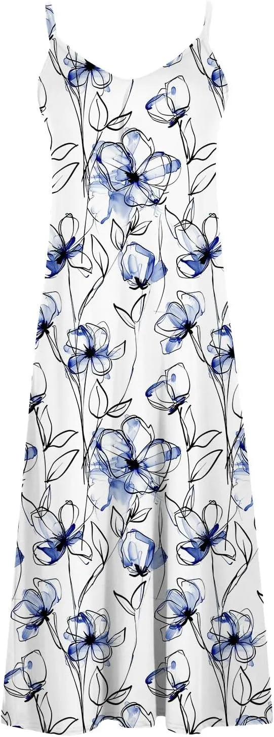 Womens Floral Maxi Dresses Spaghetti Strap Casual Summer Long Dress Vneck Flowy Boho Beach Sundress Vacation Outfits