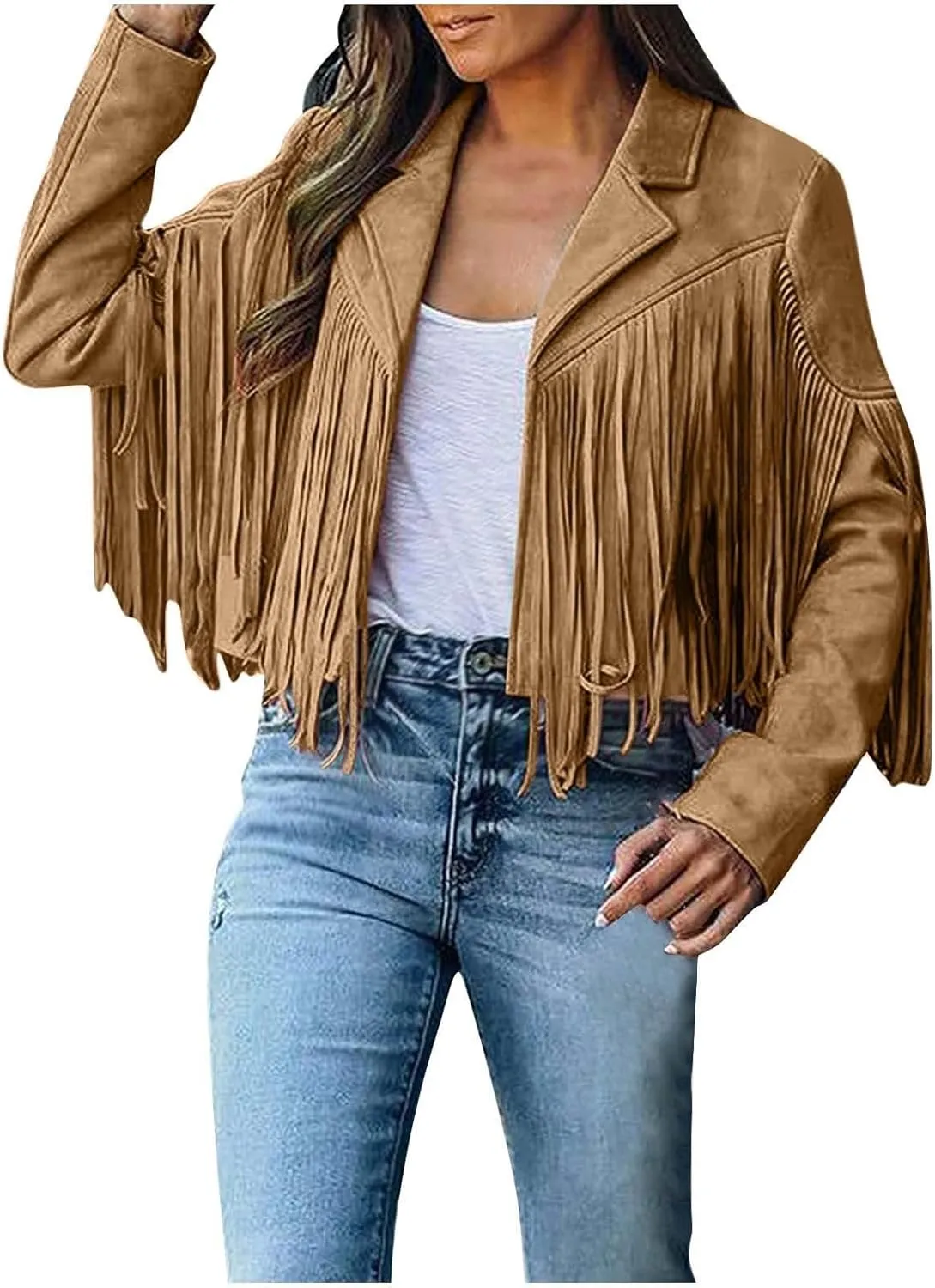 Women's Fringe Faux Suede Leather Jackets Tassel Cropped Coats Western Cowboy Jacket Outerwear Hippie Concert Outfits
