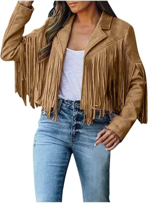 Women's Fringe Faux Suede Leather Jackets Tassel Cropped Coats Western Cowboy Jacket Outerwear Hippie Concert Outfits