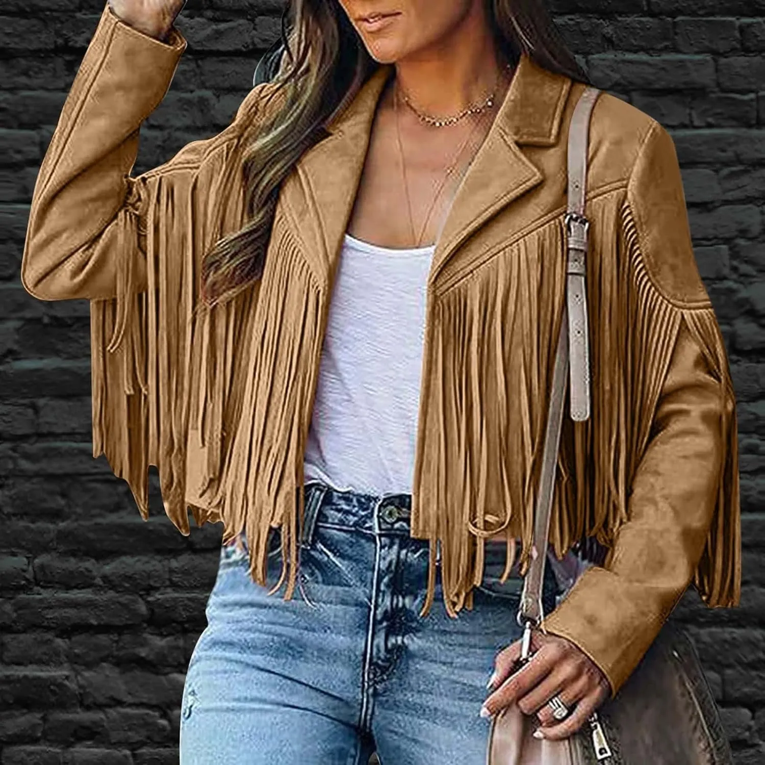 Women's Fringe Faux Suede Leather Jackets Tassel Cropped Coats Western Cowboy Jacket Outerwear Hippie Concert Outfits