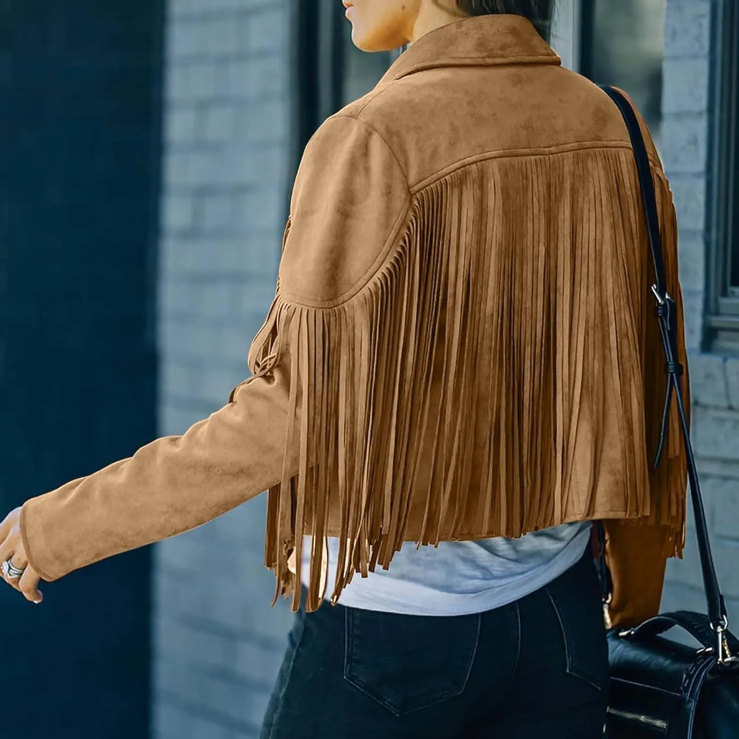 Women's Fringe Faux Suede Leather Jackets Tassel Cropped Coats Western Cowboy Jacket Outerwear Hippie Concert Outfits