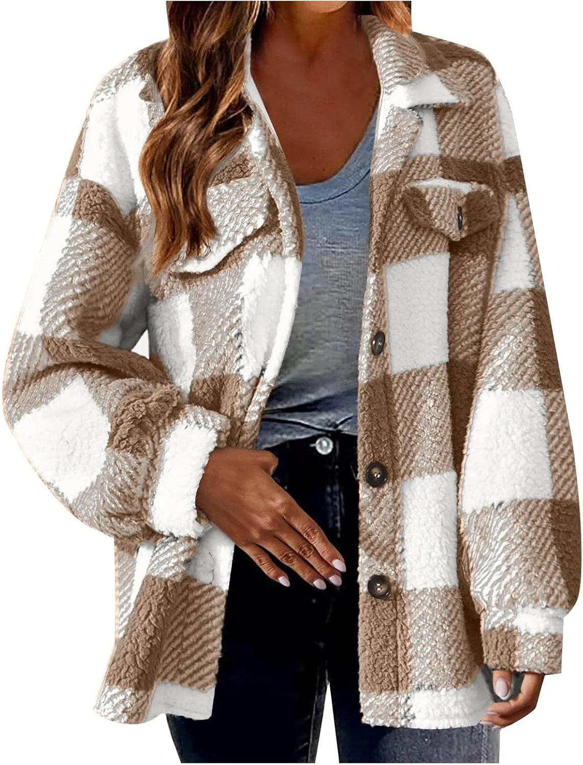 Womens Fuzzy Fleece Plaid Shacket Jacket Buffalo Plaid Flannel Sherpa Puffer Coat Button Down Sherpa Shacket
