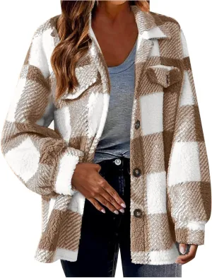 Womens Fuzzy Fleece Plaid Shacket Jacket Buffalo Plaid Flannel Sherpa Puffer Coat Button Down Sherpa Shacket
