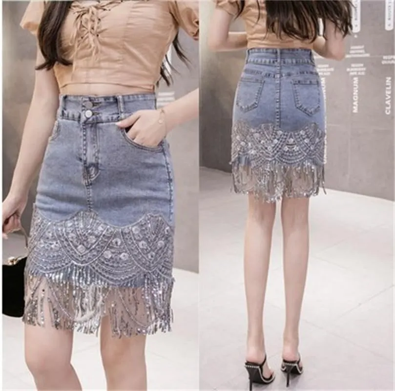 Womens High Waist Denim Short Skirts Sequins Tassel Denim Skirts Distressed Frayed Raw Hem Denim Jean Midi Skirt