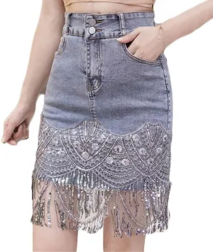 Womens High Waist Denim Short Skirts Sequins Tassel Denim Skirts Distressed Frayed Raw Hem Denim Jean Midi Skirt