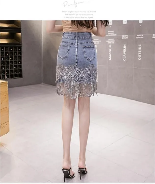 Womens High Waist Denim Short Skirts Sequins Tassel Denim Skirts Distressed Frayed Raw Hem Denim Jean Midi Skirt