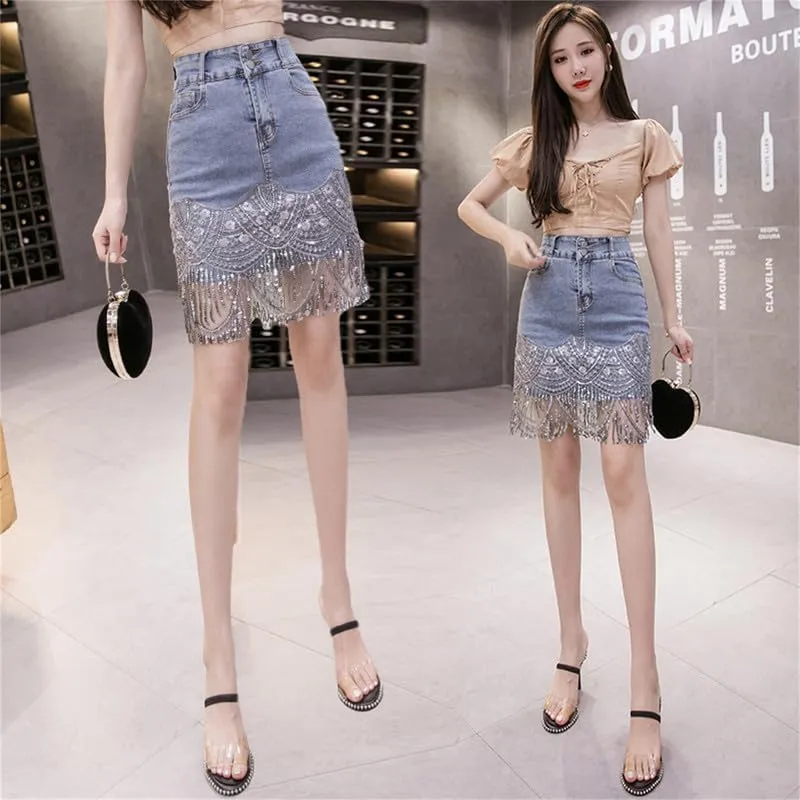 Womens High Waist Denim Short Skirts Sequins Tassel Denim Skirts Distressed Frayed Raw Hem Denim Jean Midi Skirt