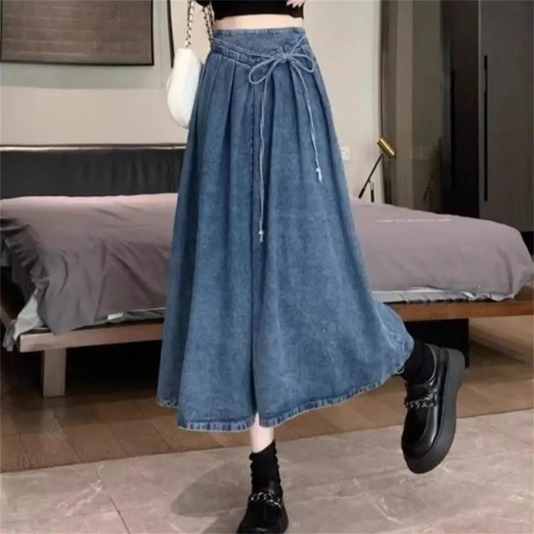 WomenS High-Waisted Denim Skirt A- Line Elastic Waist Denim Casual Solid Skirt
