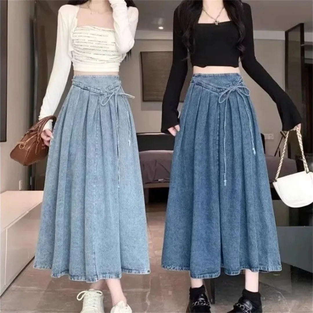 WomenS High-Waisted Denim Skirt A- Line Elastic Waist Denim Casual Solid Skirt