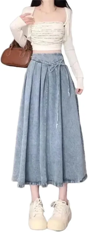 WomenS High-Waisted Denim Skirt A- Line Elastic Waist Denim Casual Solid Skirt