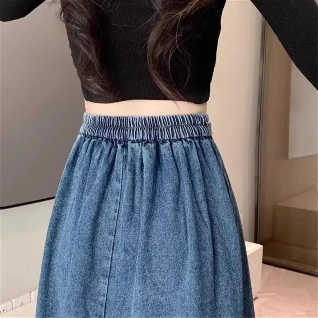 WomenS High-Waisted Denim Skirt A- Line Elastic Waist Denim Casual Solid Skirt