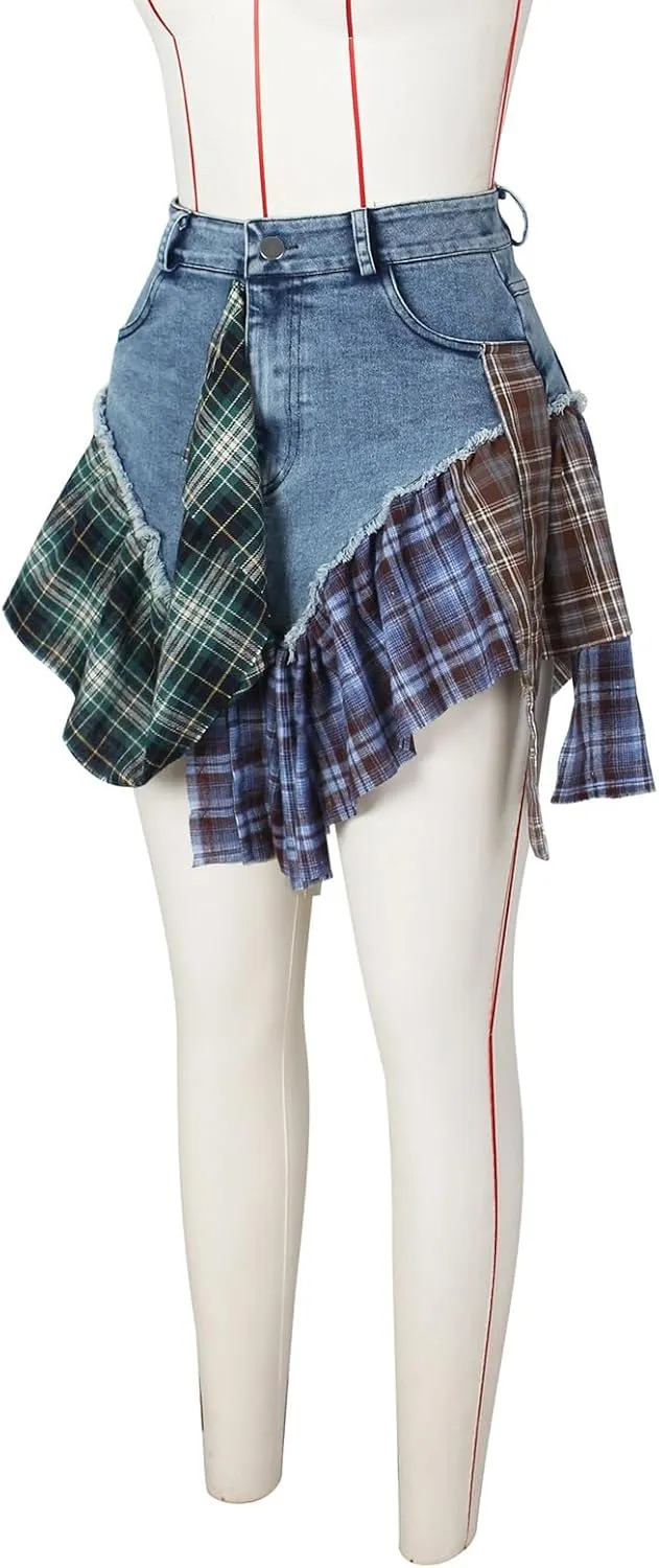 Women's high Waisted Denim Skirt, Sexy Irregular Checkered Slim fit Denim Mini Skirt