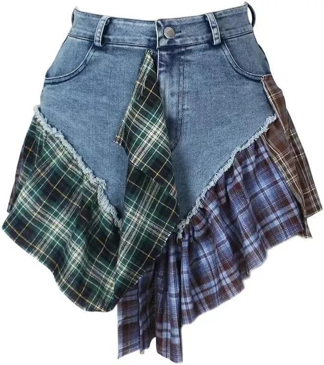 Women's high Waisted Denim Skirt, Sexy Irregular Checkered Slim fit Denim Mini Skirt