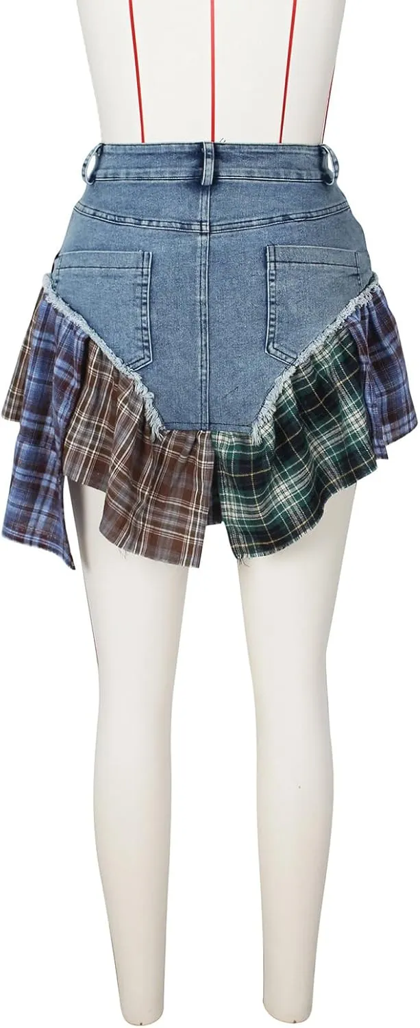 Women's high Waisted Denim Skirt, Sexy Irregular Checkered Slim fit Denim Mini Skirt