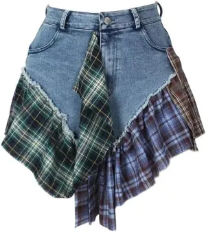 Women's high Waisted Denim Skirt, Sexy Irregular Checkered Slim fit Denim Mini Skirt