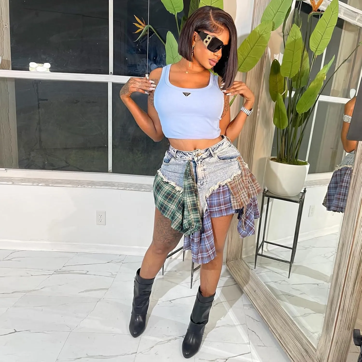 Women's high Waisted Denim Skirt, Sexy Irregular Checkered Slim fit Denim Mini Skirt