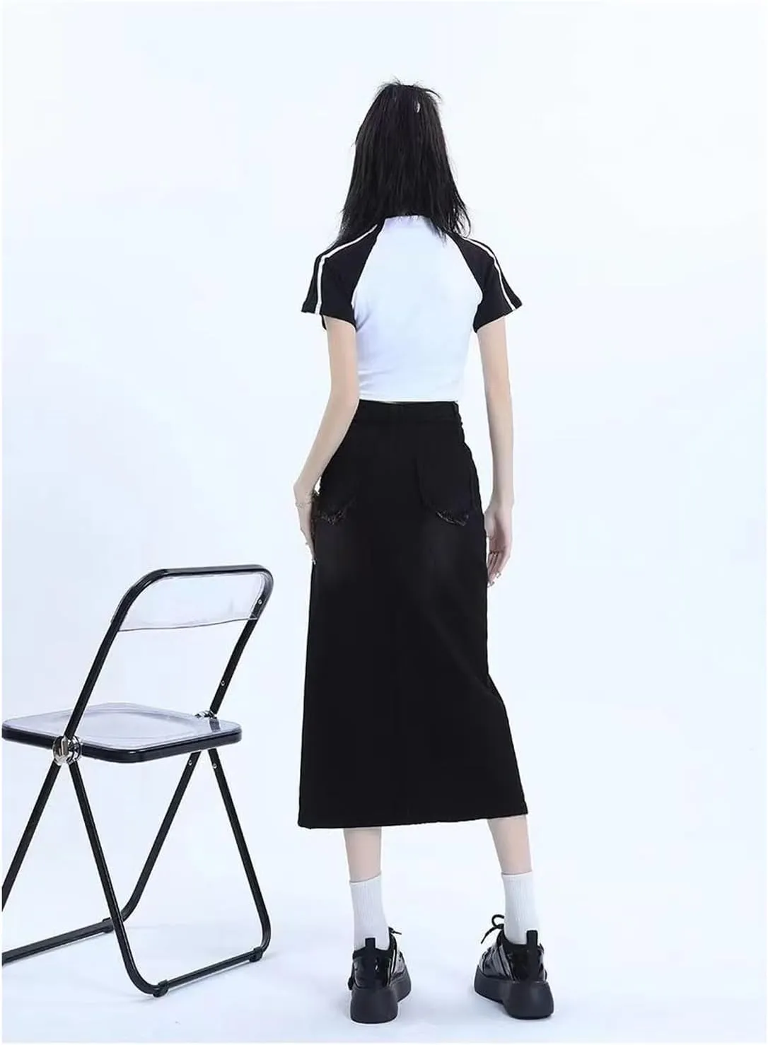 Women's high Waisted Split Denim Skirt, Retro raw Edge Denim Long Skirt, Slim fit A-line Denim Skirt
