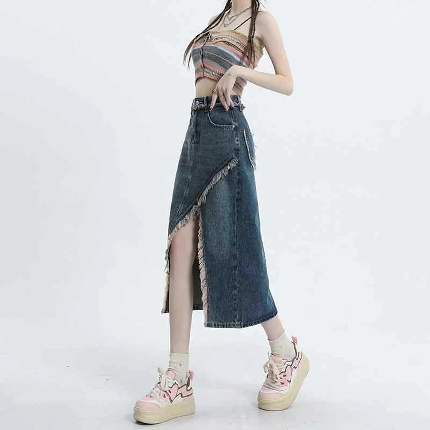 Women's high Waisted Split Denim Skirt, Retro raw Edge Denim Long Skirt, Slim fit A-line Denim Skirt