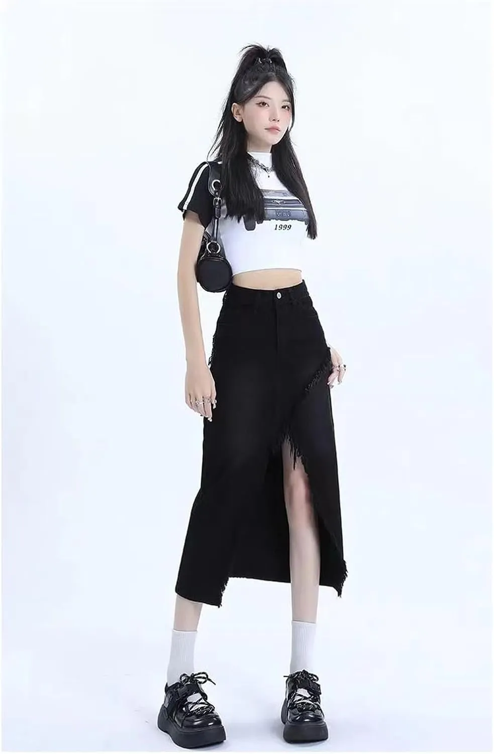 Women's high Waisted Split Denim Skirt, Retro raw Edge Denim Long Skirt, Slim fit A-line Denim Skirt