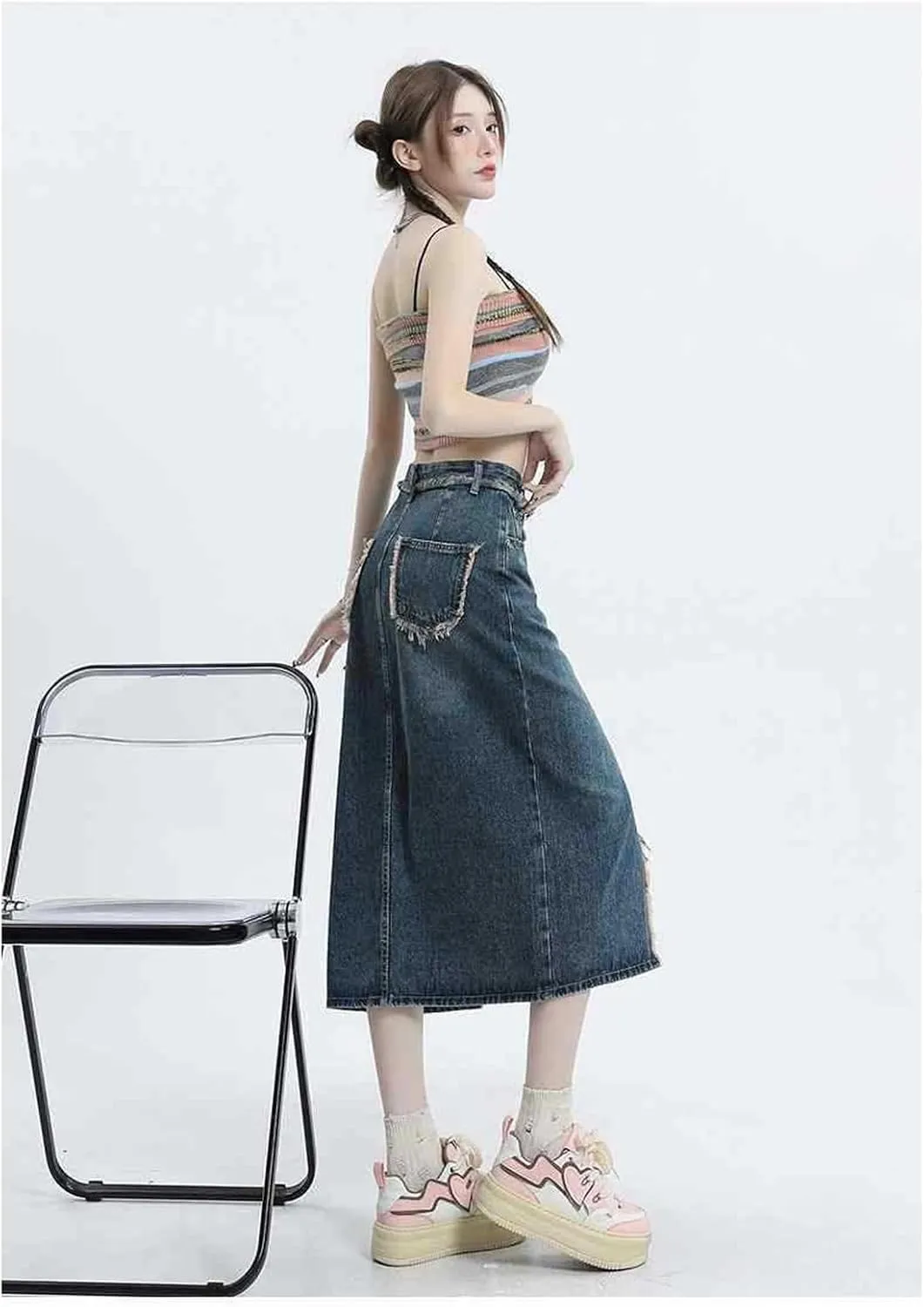 Women's high Waisted Split Denim Skirt, Retro raw Edge Denim Long Skirt, Slim fit A-line Denim Skirt