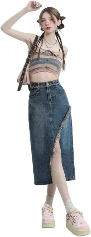 Women's high Waisted Split Denim Skirt, Retro raw Edge Denim Long Skirt, Slim fit A-line Denim Skirt