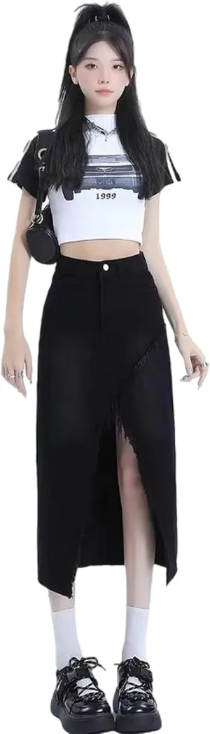 Women's high Waisted Split Denim Skirt, Retro raw Edge Denim Long Skirt, Slim fit A-line Denim Skirt