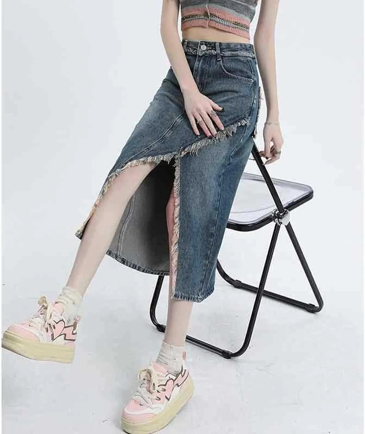 Women's high Waisted Split Denim Skirt, Retro raw Edge Denim Long Skirt, Slim fit A-line Denim Skirt