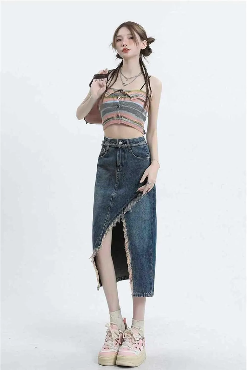 Women's high Waisted Split Denim Skirt, Retro raw Edge Denim Long Skirt, Slim fit A-line Denim Skirt