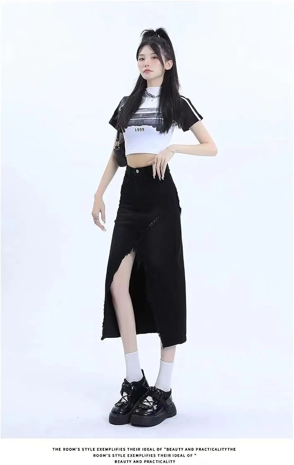 Women's high Waisted Split Denim Skirt, Retro raw Edge Denim Long Skirt, Slim fit A-line Denim Skirt