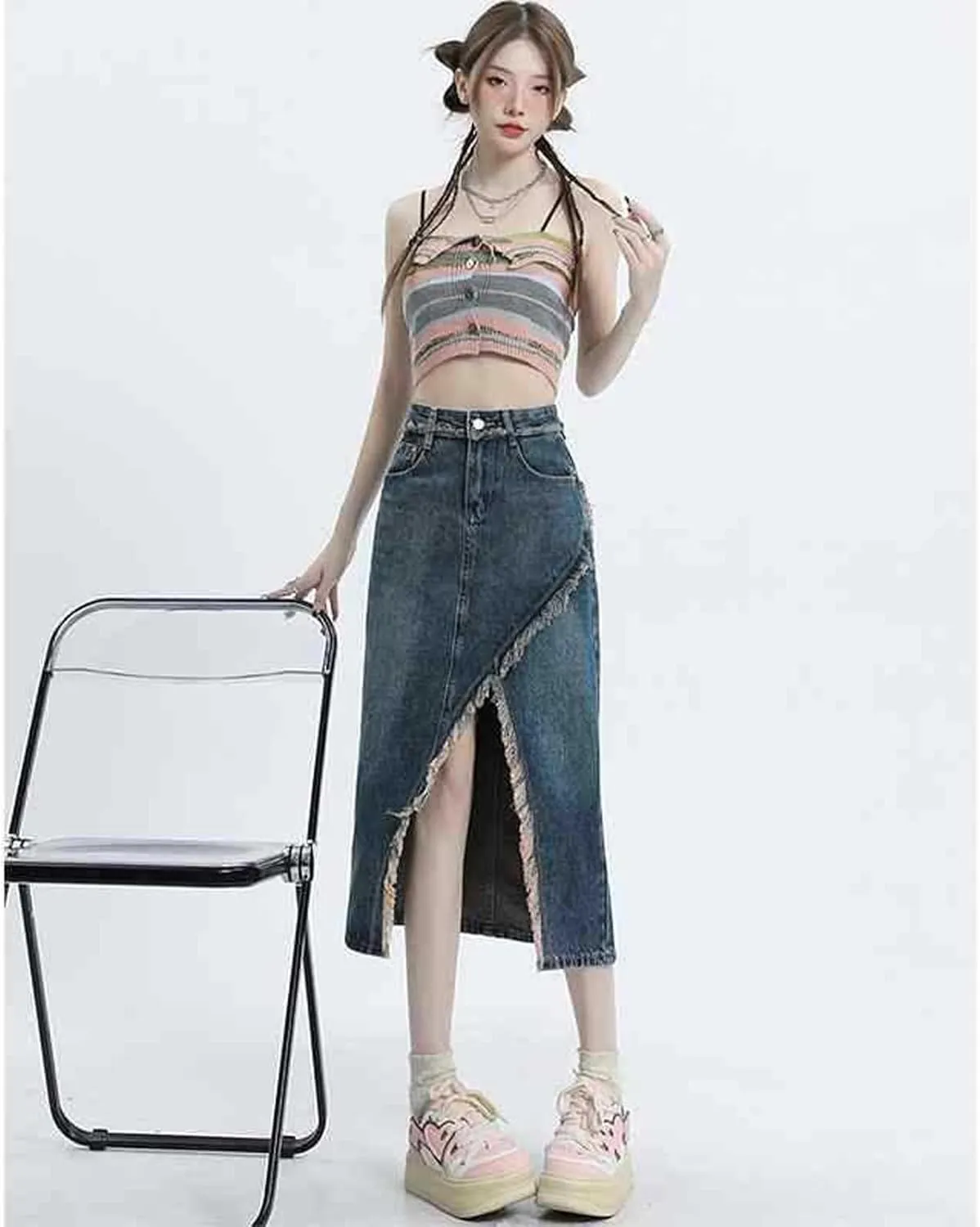 Women's high Waisted Split Denim Skirt, Retro raw Edge Denim Long Skirt, Slim fit A-line Denim Skirt