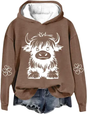 Women's Hoodies Cute Cow Graphic Heart Print Long Sleeve Hooded Pullover Warm Fleece Lined Sweatshirts