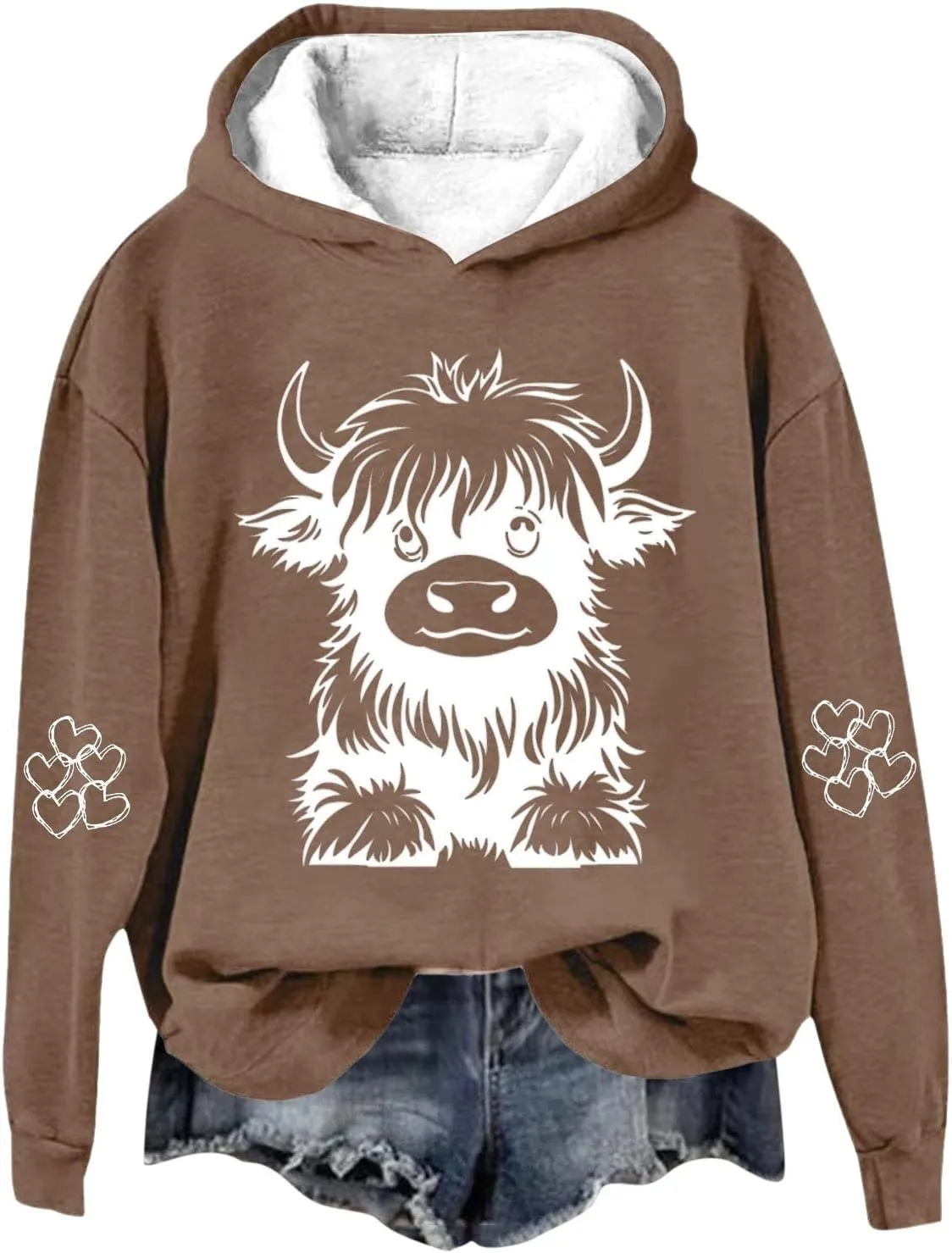 Women's Hoodies Cute Cow Graphic Heart Print Long Sleeve Hooded Pullover Warm Fleece Lined Sweatshirts