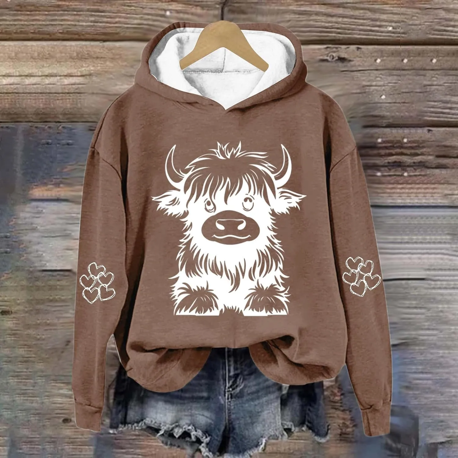 Women's Hoodies Cute Cow Graphic Heart Print Long Sleeve Hooded Pullover Warm Fleece Lined Sweatshirts