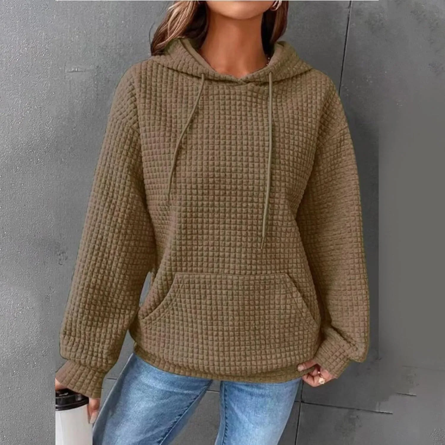 Womens Hoodies Oversized Waffle Drawstring Thick Pullover Sweatshirt Fall Fashion 2024 Soft Baggy Tunic Hoodies