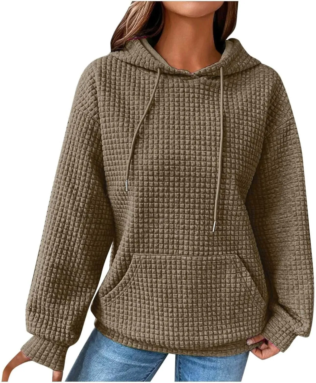 Womens Hoodies Oversized Waffle Drawstring Thick Pullover Sweatshirt Fall Fashion 2024 Soft Baggy Tunic Hoodies
