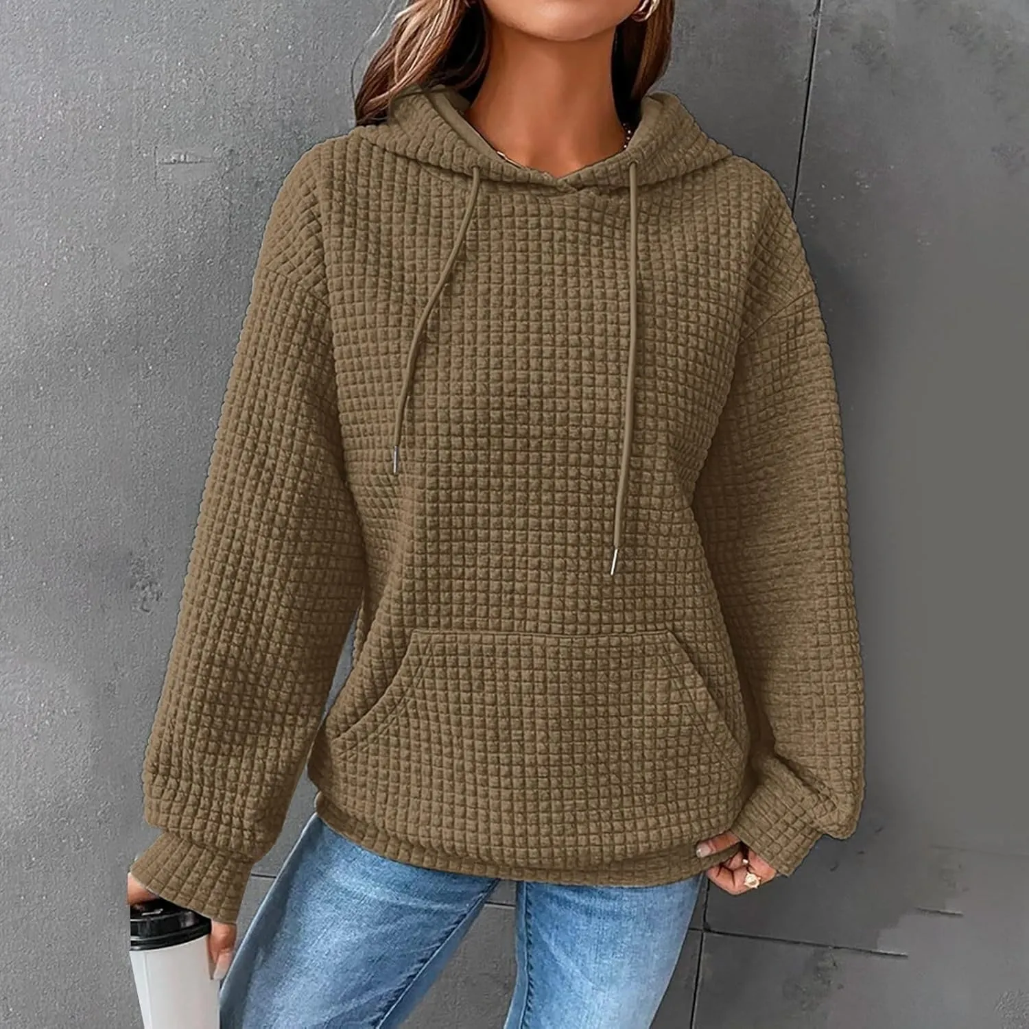 Womens Hoodies Oversized Waffle Drawstring Thick Pullover Sweatshirt Fall Fashion 2024 Soft Baggy Tunic Hoodies