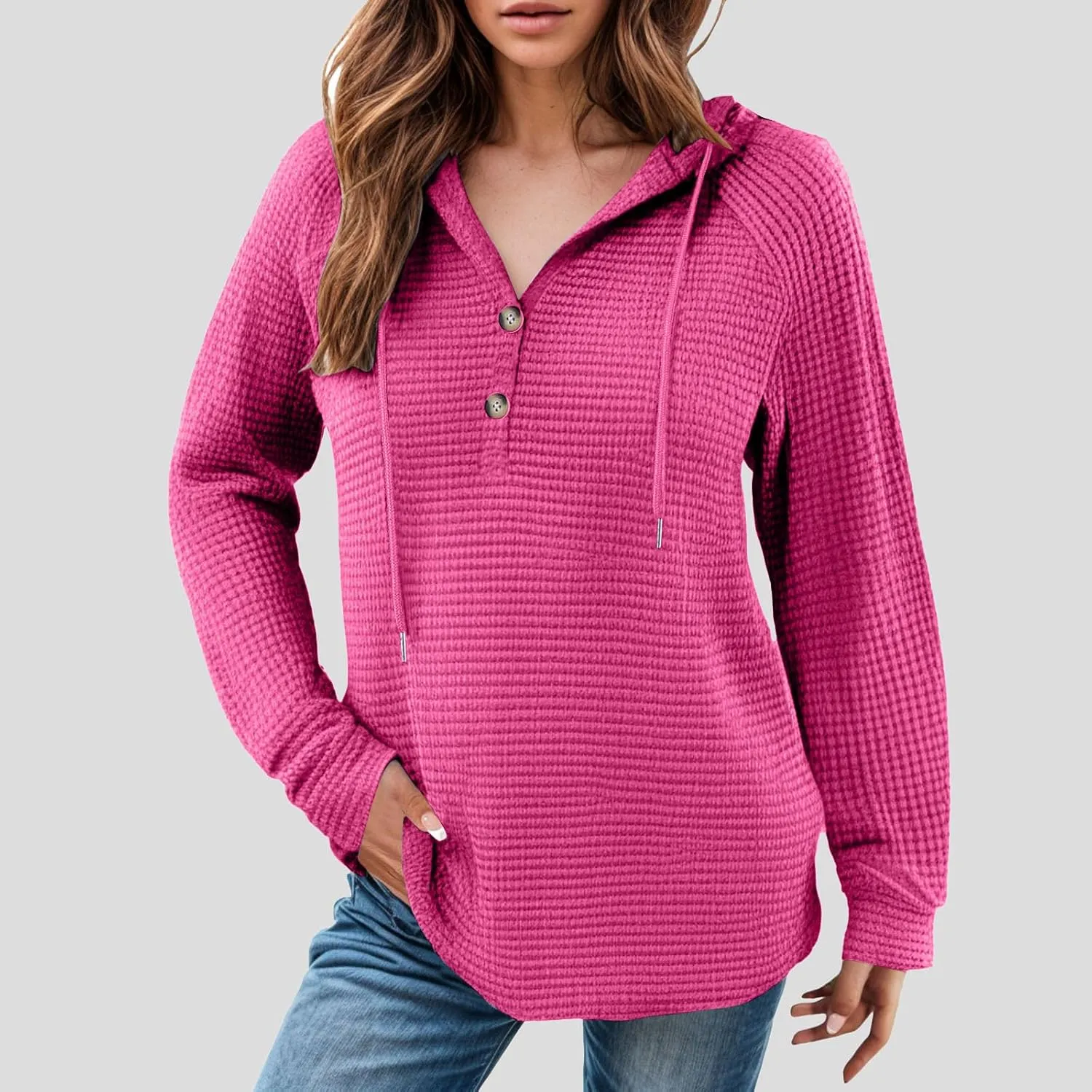 Women's Hoodies Waffle Knit Tops Drawstring Hoodie Casual Button V Neck Long Sleeve Hooded Sweatshirt Pullover