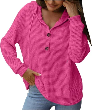 Women's Hoodies Waffle Knit Tops Drawstring Hoodie Casual Button V Neck Long Sleeve Hooded Sweatshirt Pullover