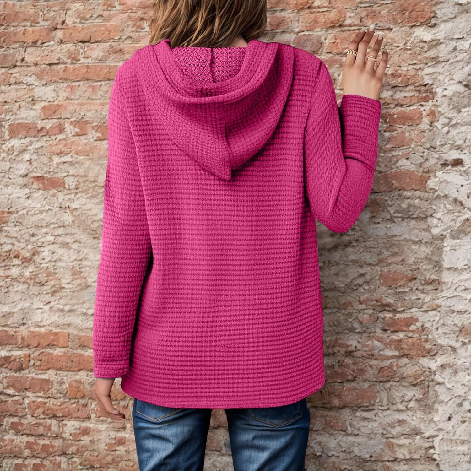 Women's Hoodies Waffle Knit Tops Drawstring Hoodie Casual Button V Neck Long Sleeve Hooded Sweatshirt Pullover