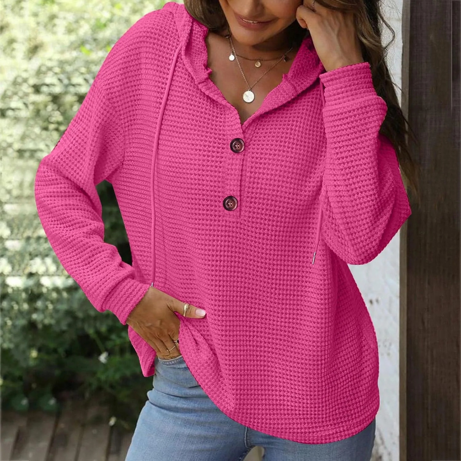 Women's Hoodies Waffle Knit Tops Drawstring Hoodie Casual Button V Neck Long Sleeve Hooded Sweatshirt Pullover