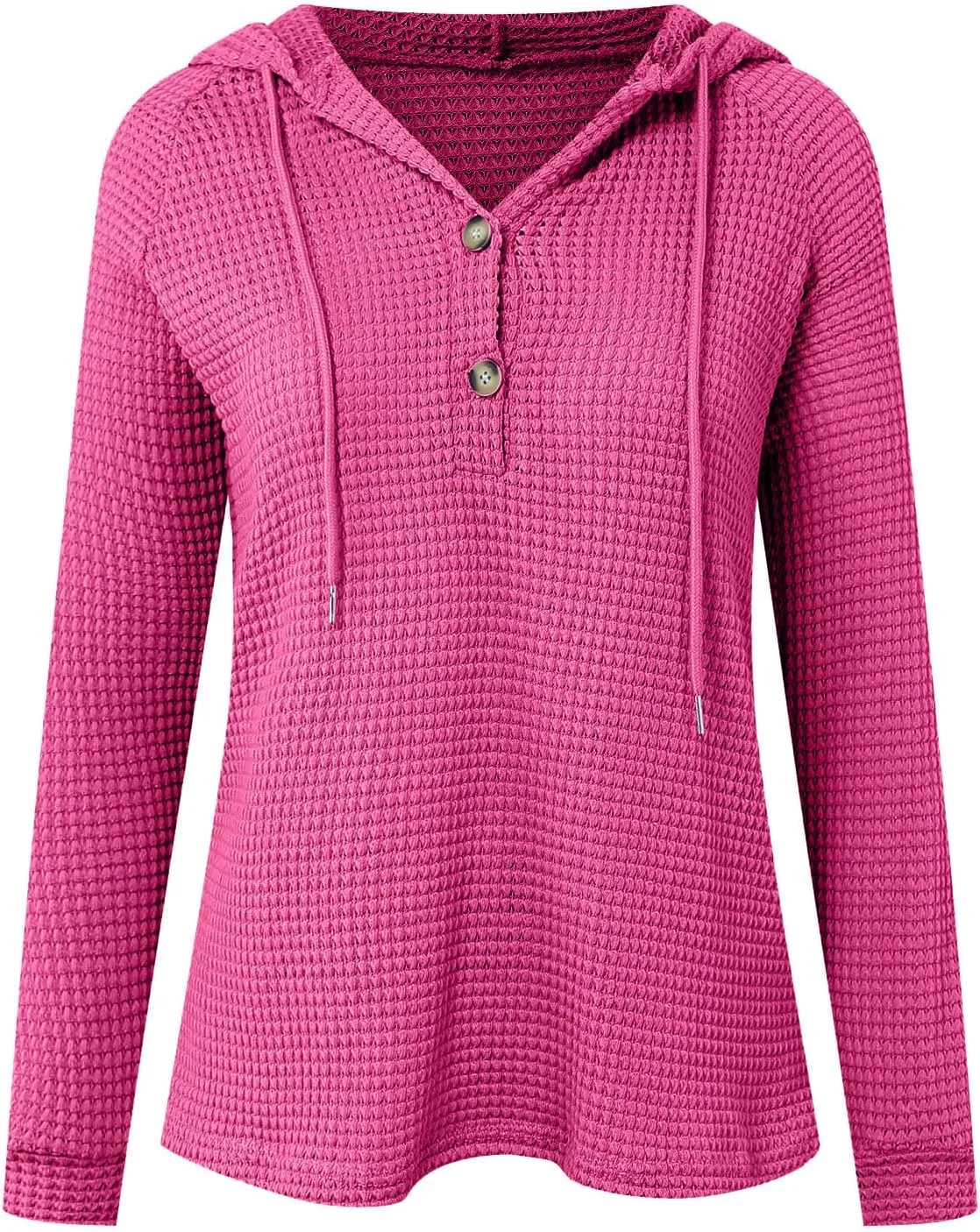 Women's Hoodies Waffle Knit Tops Drawstring Hoodie Casual Button V Neck Long Sleeve Hooded Sweatshirt Pullover