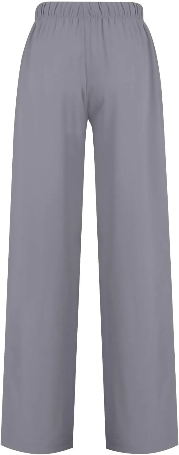 Women's Linen Summer Palazzo Pants Flowy Wide Leg Beach Casual Pant Plus Size Relaxed Fit Drawstring Trousers with Pockets