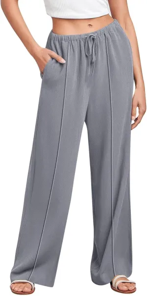 Women's Linen Summer Palazzo Pants Flowy Wide Leg Beach Casual Pant Plus Size Relaxed Fit Drawstring Trousers with Pockets