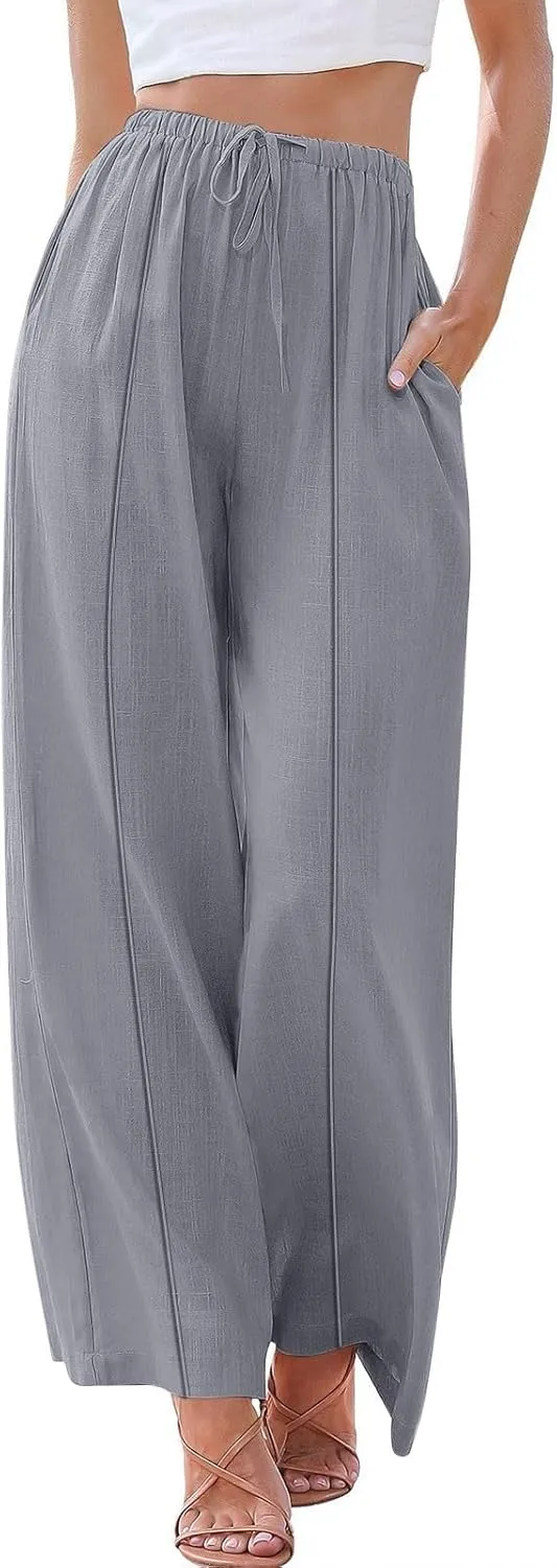 Women's Linen Summer Palazzo Pants Flowy Wide Leg Beach Casual Pant Plus Size Relaxed Fit Drawstring Trousers with Pockets