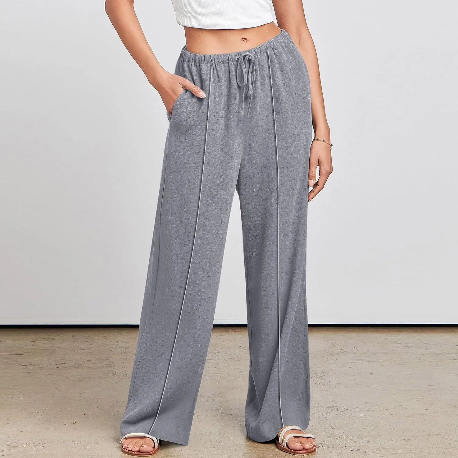 Women's Linen Summer Palazzo Pants Flowy Wide Leg Beach Casual Pant Plus Size Relaxed Fit Drawstring Trousers with Pockets