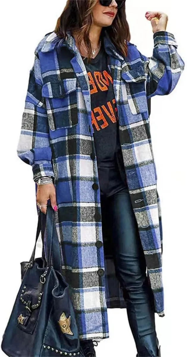 Womens Long Flannel Jacket Lounge Lapel Button Down Plaid Shirt Jacket Shacket Woolen Blend Trench Coat Cardigan Coats