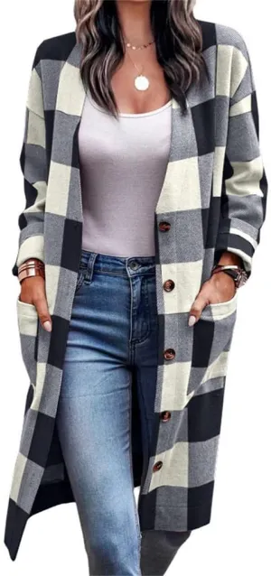 Womens Long Flannel Jacket Lounge Lapel Button Down Plaid Shirt Jacket Shacket Woolen Blend Trench Coat Cardigan Coats