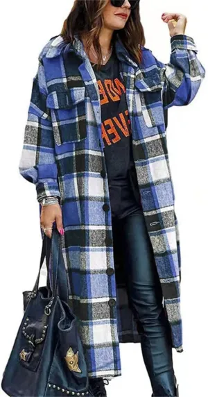 Womens Long Flannel Jacket Lounge Lapel Button Down Plaid Shirt Jacket Shacket Woolen Blend Trench Coat Cardigan Coats